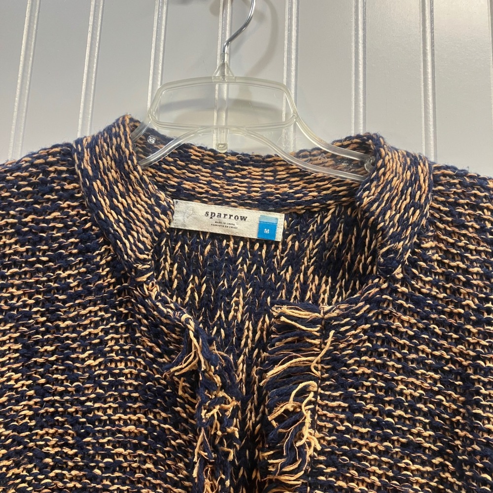 Sparrow Anthropologie Navy Tan Fringe Open Front Cardigan Sweater Wool Linen M - Picture 5 of 12